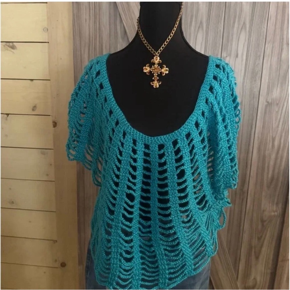 Blue Knit Scoop Neck Sweater with Lacy Design Handmade - Women's